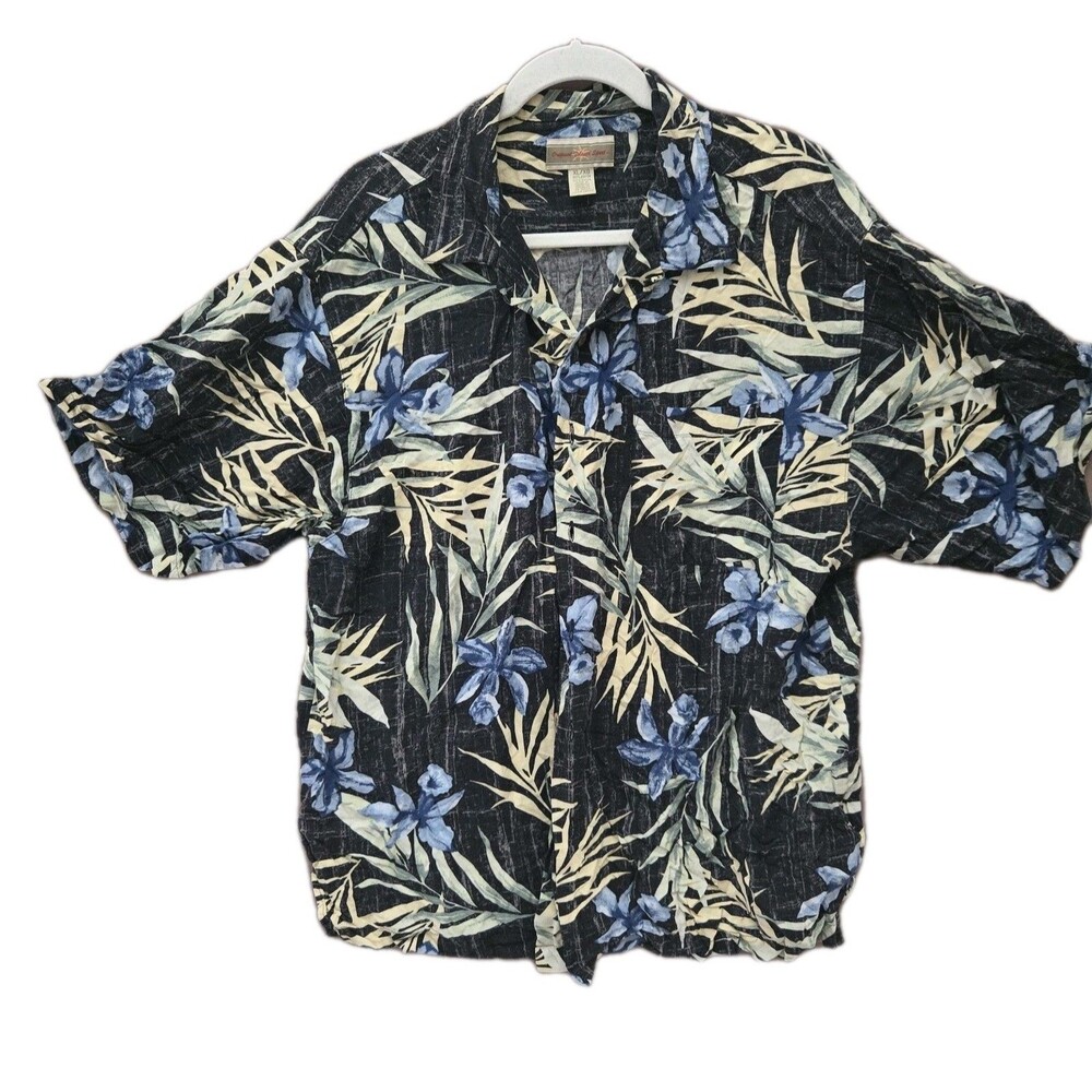 Original Island Sport Men's Large XL Hawaiian Shirt Tropical Floral Linen Blend